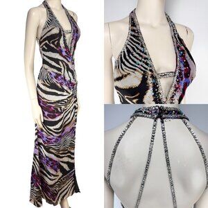 MORILEE Madeline Gardner Incredible Y2K Zebra Print Color Strass Silk Gown 8